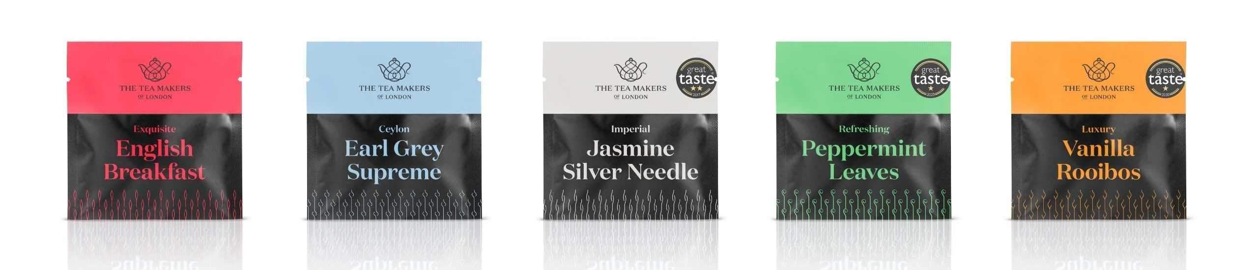 A row of five individually wrapped teabags