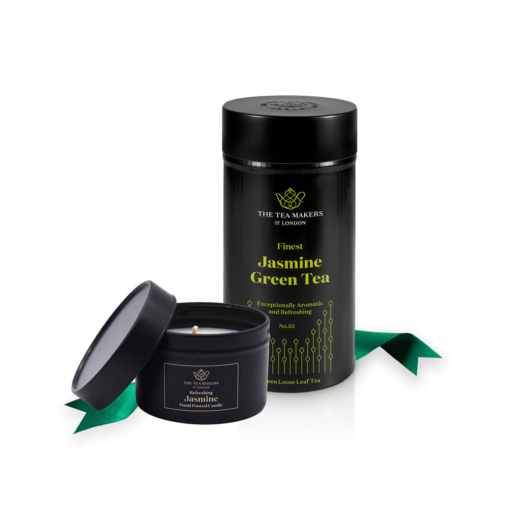 Jasmine Green tea caddy 125g with Jasmine travel size candle 