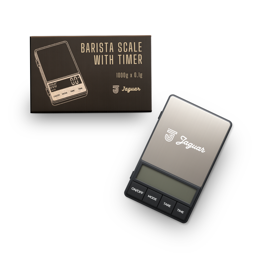 Jaguar barista scale with timer on a white background with box